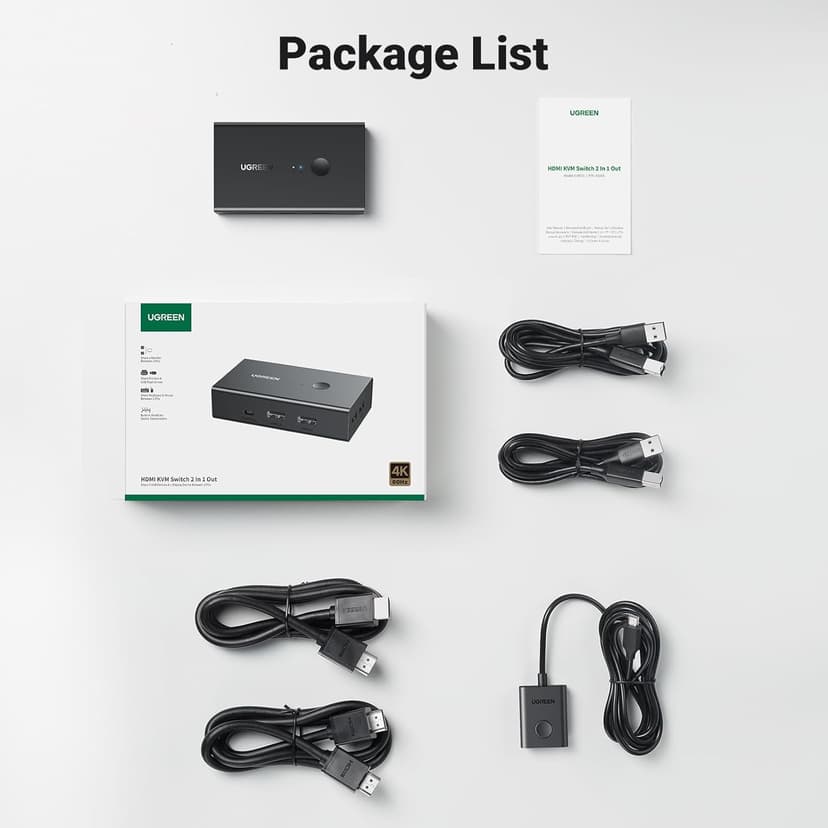 UGREEN HDMI KVM Switch 1 Monitor 2 Computers, with 4 USB Ports, KVM Switches for Sharing One Monitor Keyboard Mouse Printer Support 4K@60Hz, Include 2 HDMI Cables, 2 USB Cables, Desktop Controller