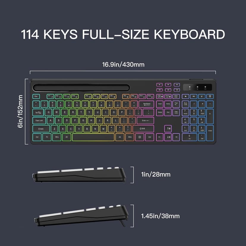 Wireless Keyboard with 7-Color RGB Backlit, Full-Size Computer Keyboard with Phone Tablet Holder, 2.4G Rechargeable Gaming Keyboard with Light Up Keys, Compatible with Mac, Windows (Black)