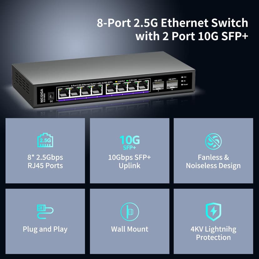 10 Port 2.5Gb Unmanaged Ethernet Switch with 8* 2.5G Base-T Ports + 2* 10G SFP+ Ports. NICGIGA 8 Port 2.5Gbps Network Switch for 2.5Gbps NAS/PC, WiFi6 Router, Wireless AP. Fanless Design.