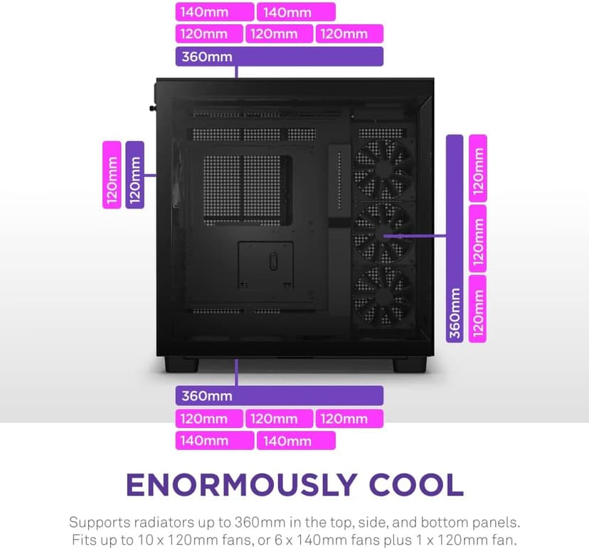 NZXT H9 Flow Dual-Chamber ATX Mid-Tower PC Gaming Case – High-Airflow Perforated Top Panel – Tempered Glass Front & Side Panels – 360mm Radiator Support – Cable Management – Black