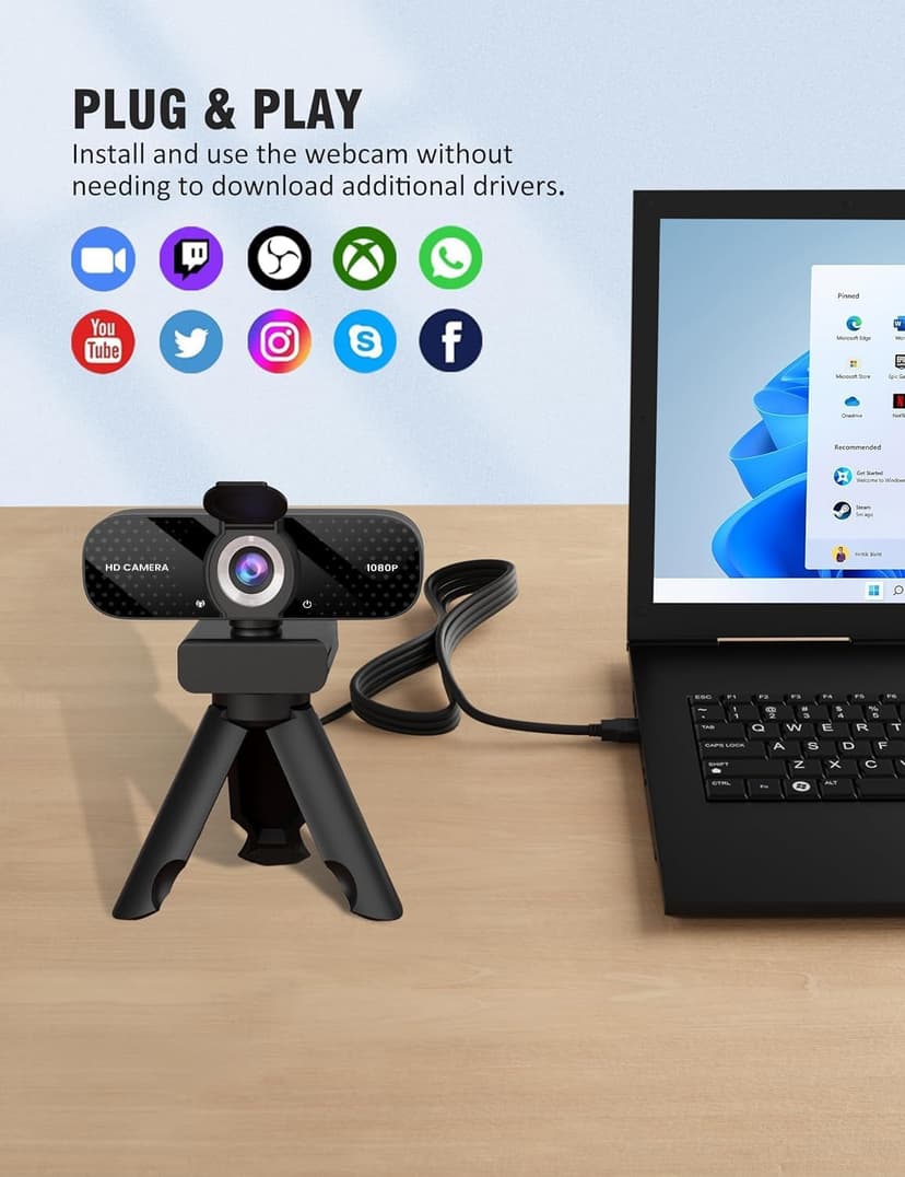 Full HD 1080P Webcam with Built-in Mic Wide Angle & Auto Focus Privacy Cover for PC/Laptop Plug & Play USB Camera Black