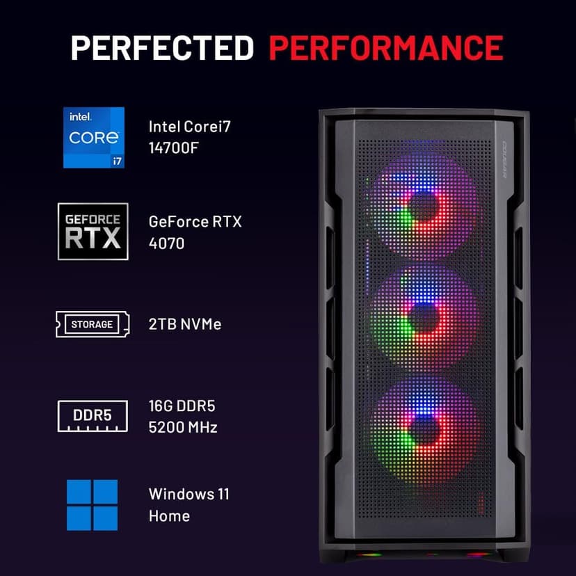 Skytech Rampage Gaming PC, Intel i7 14700F 2.1 GHz (5.3GHz Turbo Boost), NVIDIA RTX 4070 12GB GDDR6X, 2TB SSD, 16GB DDR5 RAM 5200, 750W Gold PSU, 360mm AIO, Wi-Fi, Win 11 Home