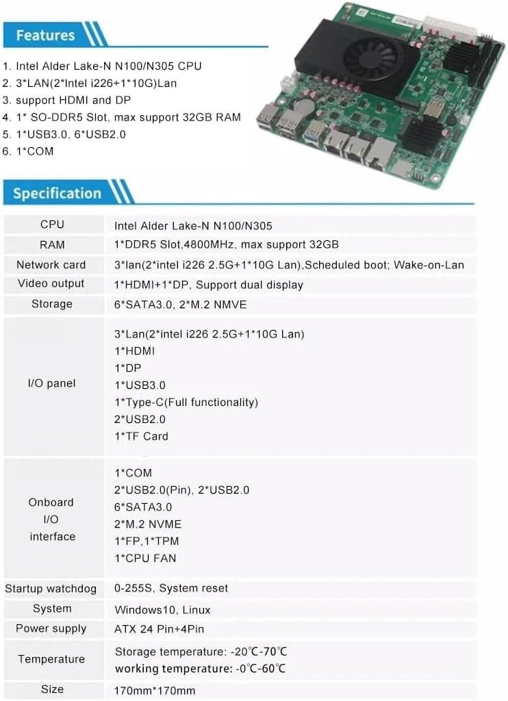 1 * 10G 2*i226-V 2.5G 3LAN Intel N100 NAS Motherboard 6-Bay 6*SATA3.0 2*M.2 NVMe 1*DDR5 Soft Router ITX Mainboard