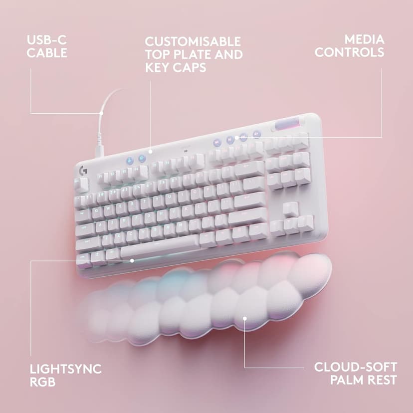 Logitech G713 Wired Mechanical Gaming Keyboard with LIGHTSYNC RGB Lighting, Tactile Switches (GX Brown), and Keyboard Palm Rest, PC and Mac Compatible - White Mist