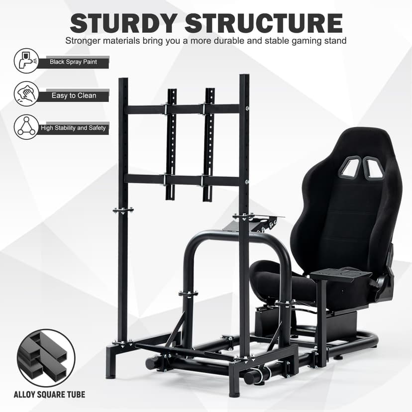 Anman Racing Simulator Cockpit 50mm Large Round Tube Vertical Bracket Seat with Monitor Display TV Stand Fit for Logitech/Thrustmaster/Fanatec G29 G920, Wheel Shifter Pedals NOT Included