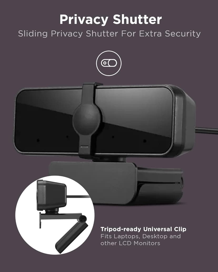 Lenovo Essential Full HD 1080P Webcam, Dual Microphone, No Driver 1.8m USB 2.0, Wide-Angle, Tilt-Control, 360-Degree Rotation, Black