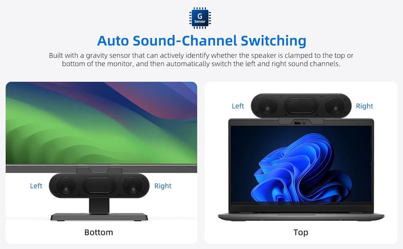Computer Speakers for Desktop PC Monitor, External Speakers for Laptop, USB-Powered, Plug-n-Play, Wired, Clip-On, Small Computer Soundbar for PC, with Loud Sound, Rich Bass, G-Sensor, USB-C Adapter