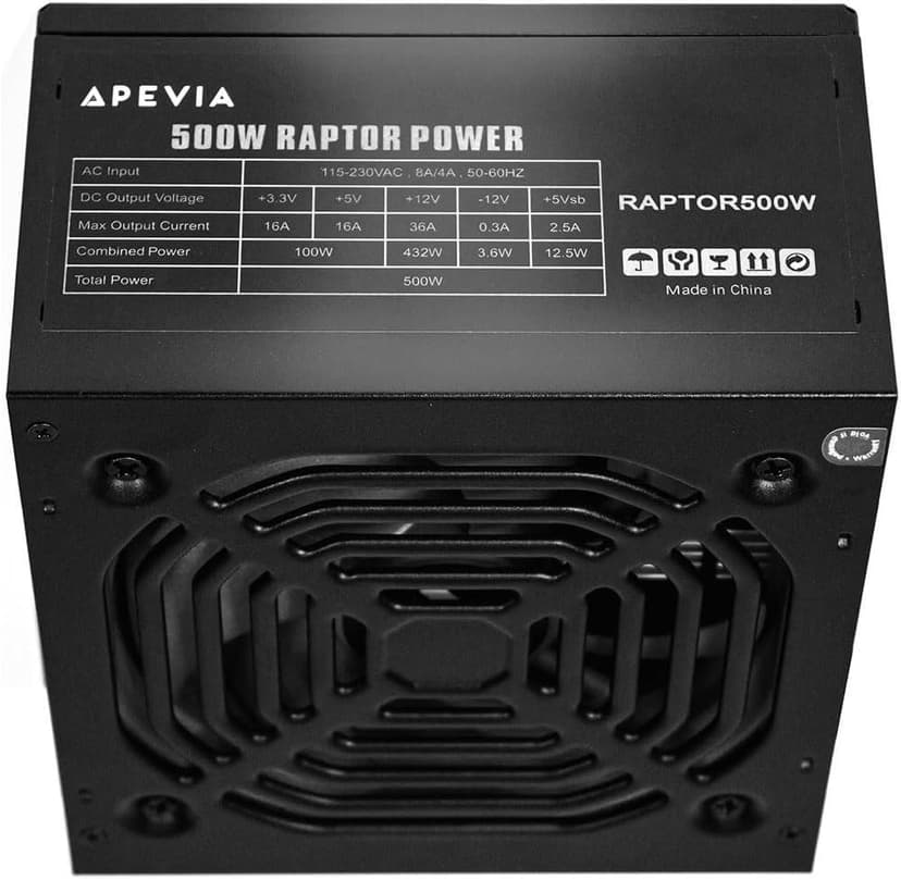 Apevia RAPTOR500W Raptor 500W ATX Power Supply with 120MM Black Fan