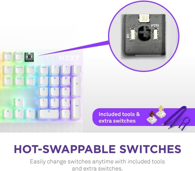 NZXT Function 2 Full-Size Wired Optical Gaming Keyboard - 8K Polling Rate - Linear Optical Switches - Adjustable Actuation - Double-Shot PBT Keycaps - RGB - Hot-Swappable - White