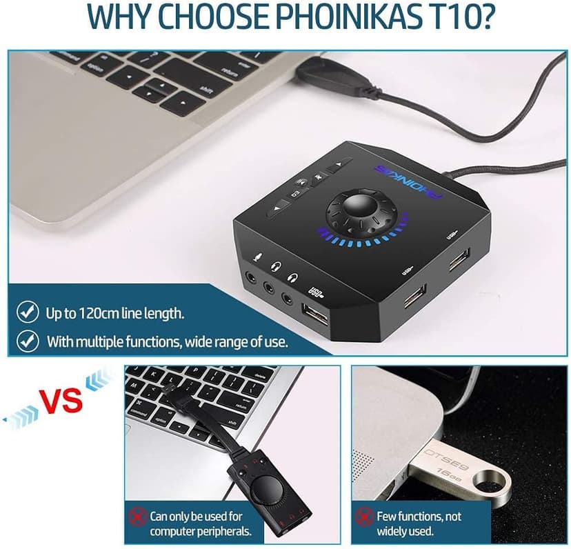 T10 External Sound Card, PHOINIKAS USB Audio Adapter for PC Windows, Mac, Linux, Laptops, Desktops, Stereo Sound Card with 3.5mm Interface & USB Interface, Volume Control, Plug & Play (6-in-1, Black)