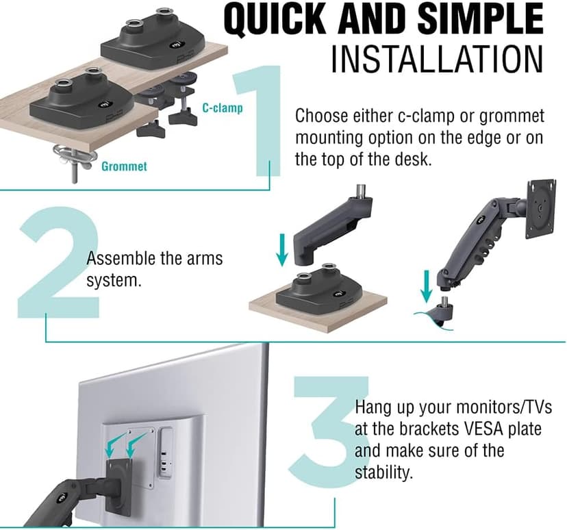 ELG Full Motion Swivel Dual Monitor Desk Mount Stand Gas Spring for Two Screens 17” to 35'' (4.4lbs to 19.8lbs Load for Each Display), Computer Monitor Stand F160N, Black