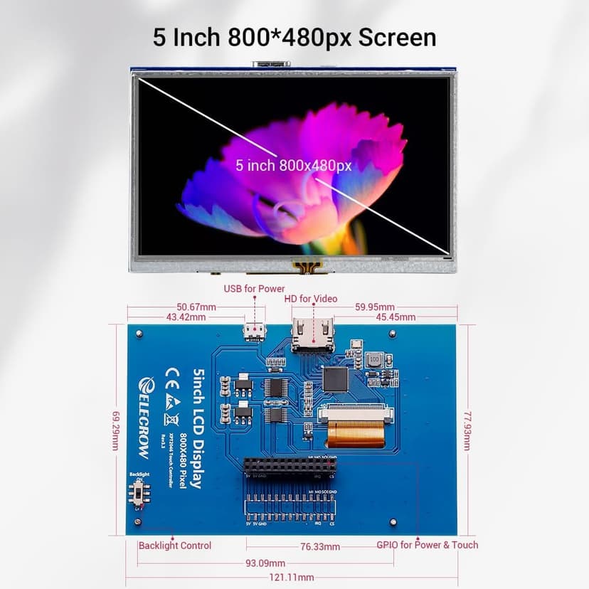 ELECROW 5-Inch Resistive Touch Screen TFT LCD Display, 800x480 HD Resolution, Compatible with Raspberry Pi 5/4/3/2B/Zero, Banana Pi, Jetson Nano, Windows 11/10/8/7