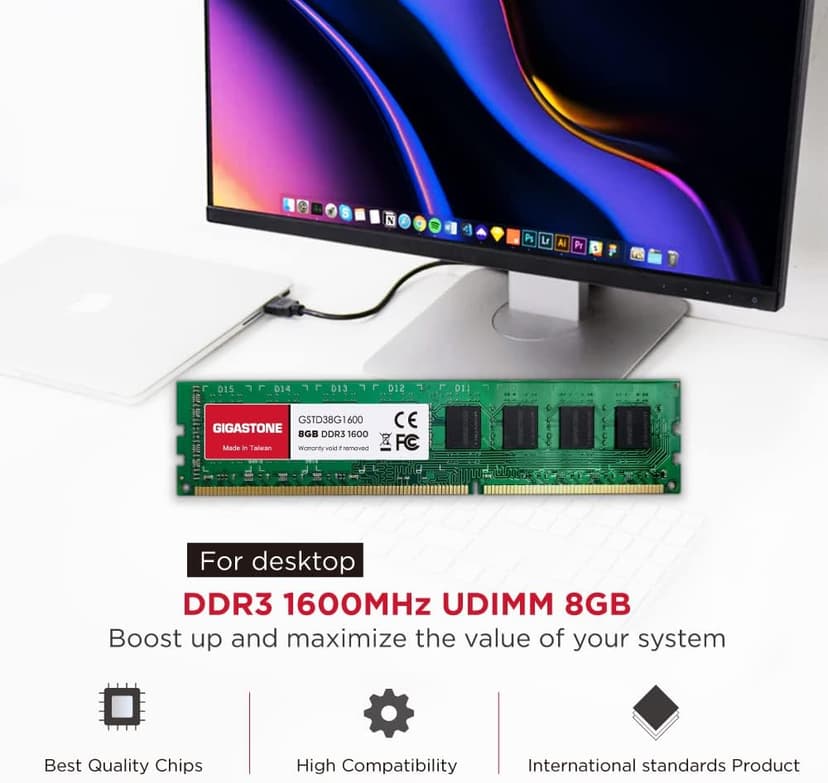 【DDR3 RAM】 GIGASTONE 32GB Kit (4x8GB) DDR3/DDR3L 1600MHz (1333MHz) PC3-12800 (PC3-10600) CL11 1.35V/1.5V 2Rx8 UDIMM 240 Pin Unbuffered Non ECC High Performance PC Desktop Memory Upgrade