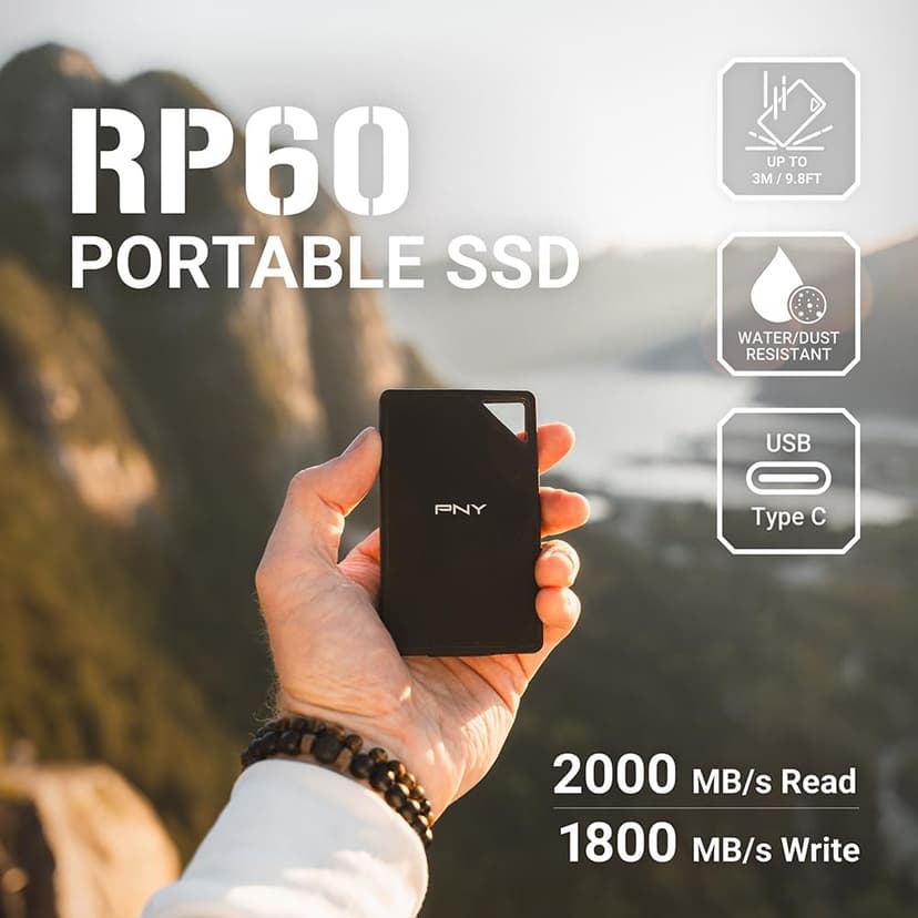PNY RP60 2TB Portable SSD - Up to 2000MB/s, USB-C, USB 3.2 Gen2x2 - Rugged, IP65 Rated, Water/Dust/Drop Resistant - For Photos, Videos, Gaming and more - External Solid-State Drive - PSD0CS3060-2TB-RB