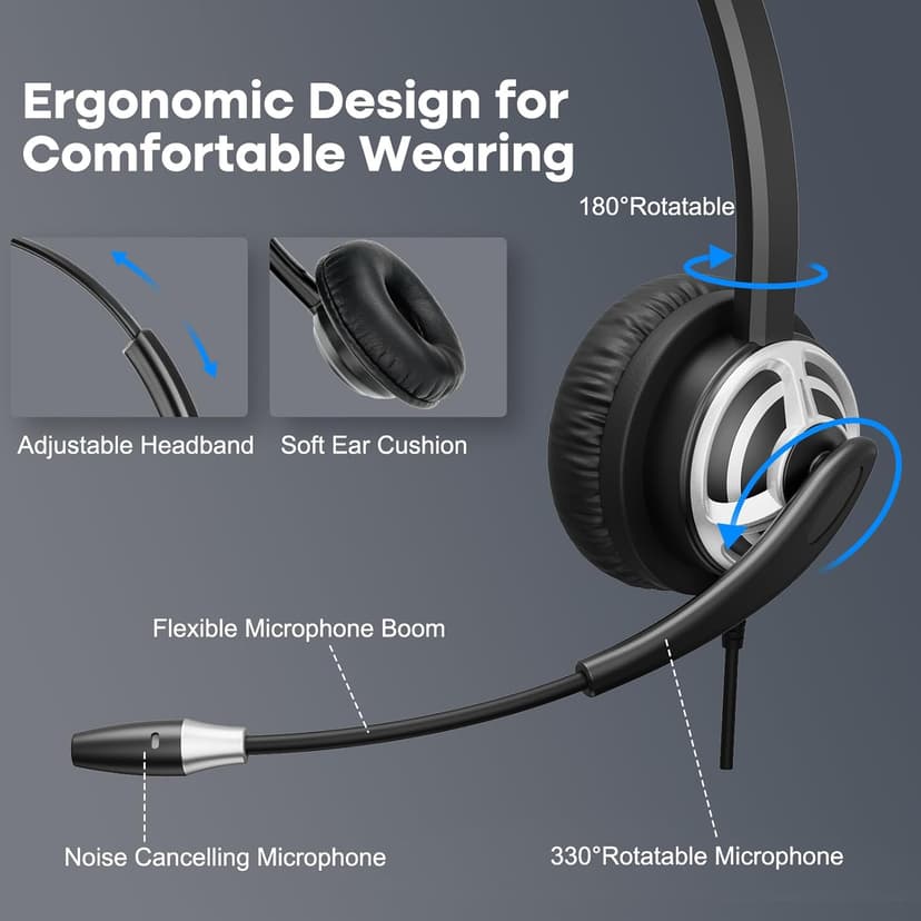 MKJ USB Headset for Call Centers & Office - Noise Canceling Microphone, Wired USB Headphone for Computer PC Laptop, Compatible with Zoom, Ms Teams, Webex, Google Meet, Ideal for Hybrid Workspaces