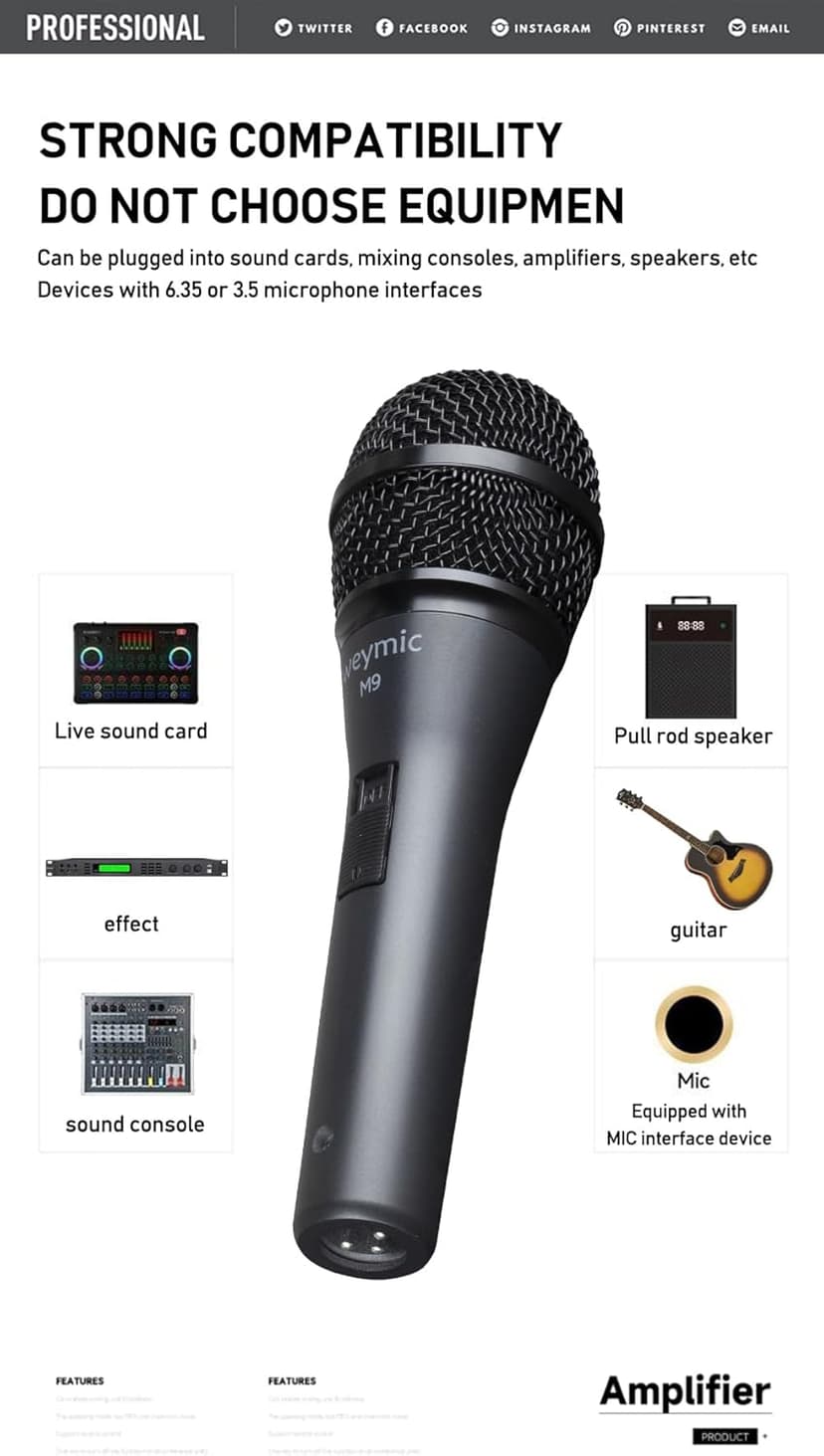 M9 Dynamic Vocal Classic Style Microphone Audio Classic Professional Dynamic Cardioid Unidirectional - for Instruments, Drums, Percussion, Vocals (M9)