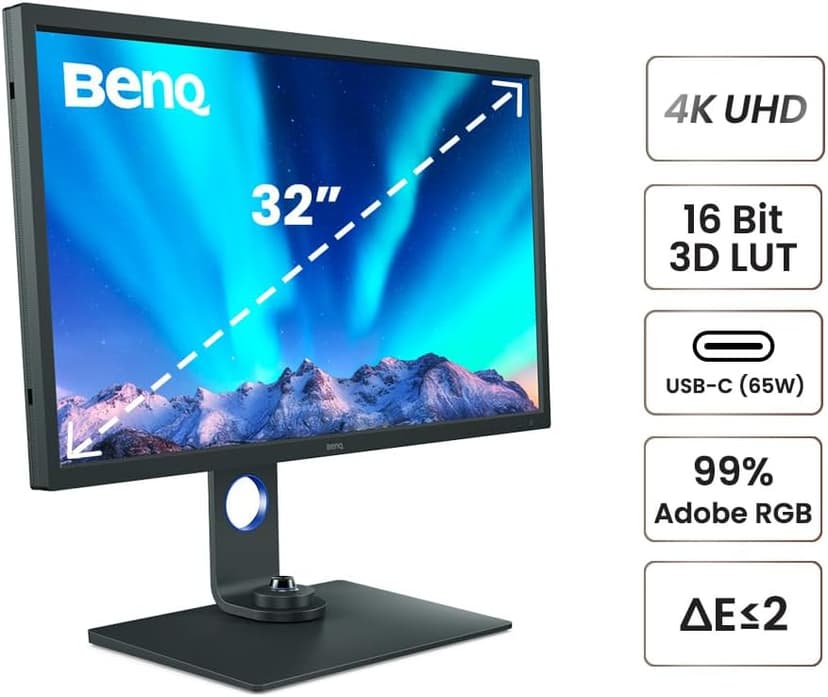BenQ SW321C Photo Video Editing Monitor 32" 4K UHD | 99% AdobeRGB,100% sRGB,95% P3 | IPS | Hardware Calibrated | 16 bit 3D LUT | DeltaE ≤2 | Uniformity | HLG | AQCOLOR | Ergonomic | USB-C(60W) , Black