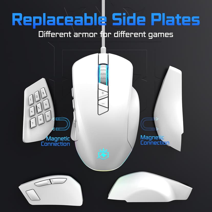Wired Gaming Mouse with Side Plates, MMO Mouse with 14 Programmable Buttons, Ergonomic Gaming Mouse with 2 Grip Plates, Computer Mouse with Max 12,400 DPI, RGB Lighting, White