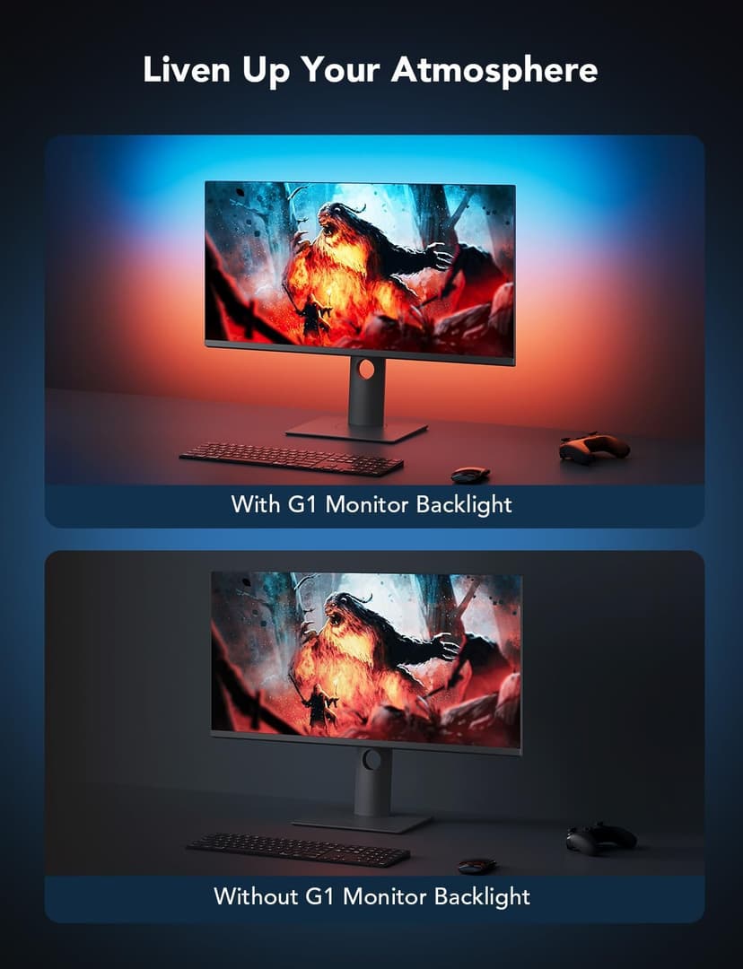 Govee Gaming Light for Monitor G1, RGBIC LED Backlight for 27-34 Inch PC, Smart LED Lights for Monitors with Color Matching, Adapts to Curved Monitors, Double Strip Light Beads with 123 Scene Modes
