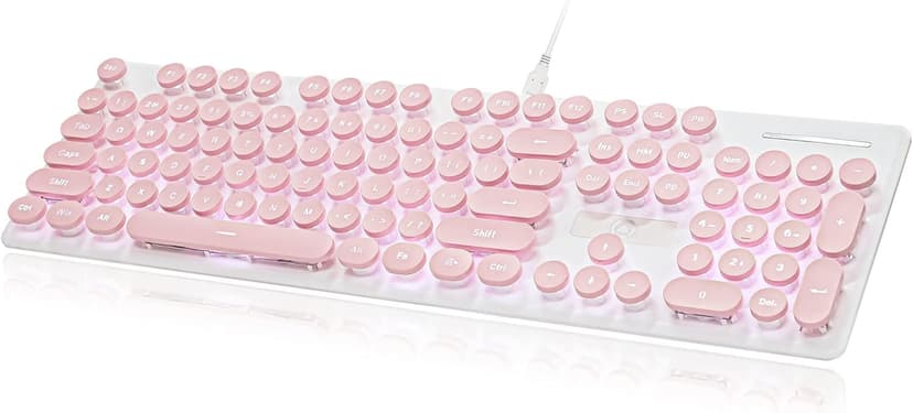 Wired Quiet Membrane Keyboard,Full Size 104-Keys Retro Punk Typewriter White LED Backlit ，USB Ultra Slim Gaming Keyboard with ABS Round keycaps for Windows/PC/Laptop (Pink)