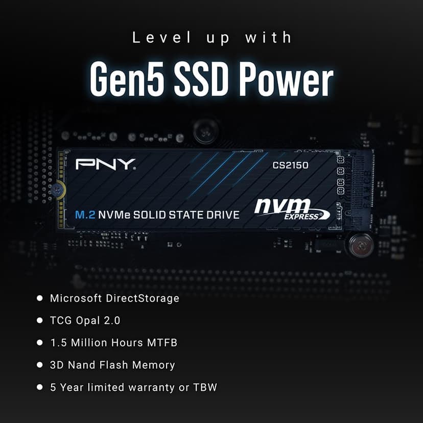 PNY CS2150 1TB Gen5 PCIe NVMe M.2 2280 3D NAND SSD – Up to 10,200/8,300 MBs - PC/Laptop Upgrade, Gaming, Photography, Video Editing, Direct Storage Enabled-Internal Solid-State Drive M280CS2150-1TB-TB