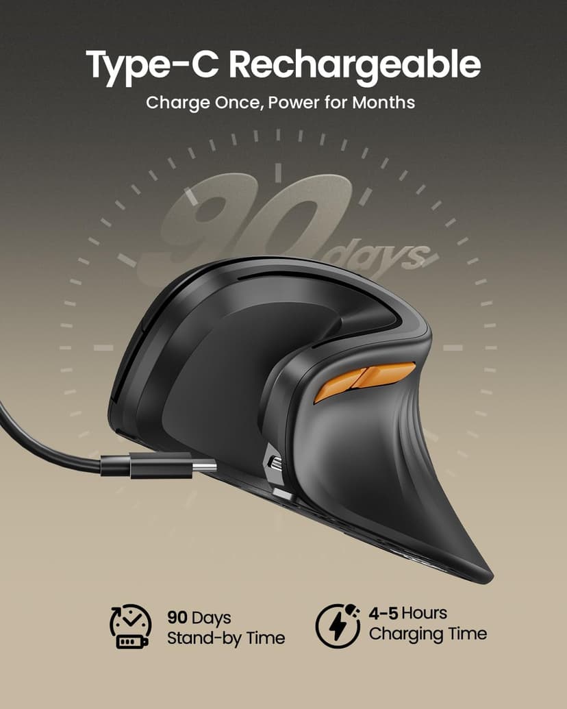 ProtoArc Ergonomic Mouse, EM11 NL Bluetooth Rechargeable Wireless Vertical Mouse, 3 Multi-Device Connectivity for Computer/PC/Laptop, 2.4GHz Optical Mice for Windows, Mac OS, Black