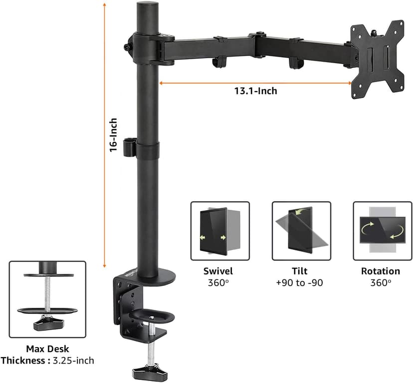 Amazon Basics Single Computer Monitor Stand with Tilt and Rotation, Height Adjustable VESA Desk Arm Mount, Steel, 30 inches, Black