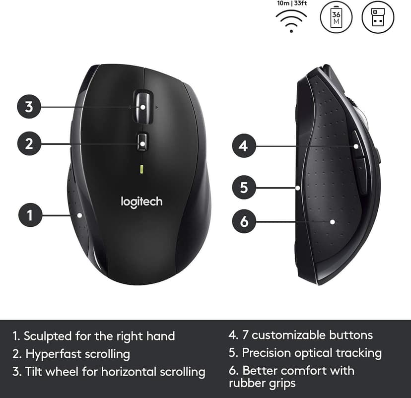 Logitech M705 Wireless Marathon Mouse for PC - Long 3 Year Battery Life, Ergonomic Shape with Hyper-Fast Scrolling and USB Unifying Receiver for Computer and Laptop - Black (Renewed)