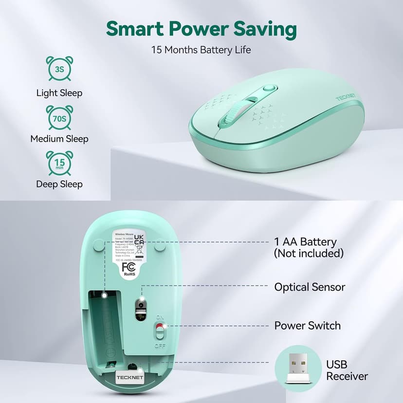 TECKNET Wireless Mouse for Laptop, 2.4G Quiet Computer Mouse with USB Receiver, 4 Buttons Portable Cordless Mice for Chromebook, Laptop, PC, Mac, 800/1200/1600 DPI - Mint Green