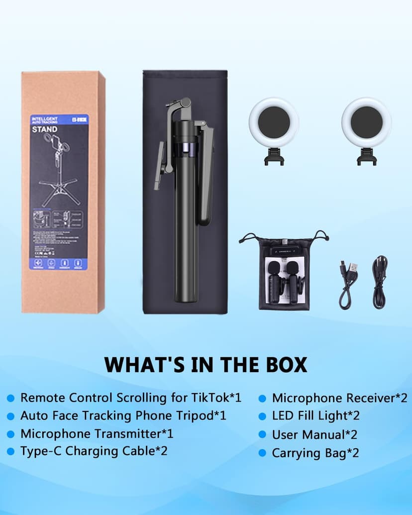 Vlogging Kit for iPhone/Android, 63”Auto Face Tracking Tripod for iPhone with Light, Wireless Microphones, Scrolling Remote Control for TikTok, Content Creator Kit for YouTube Starter