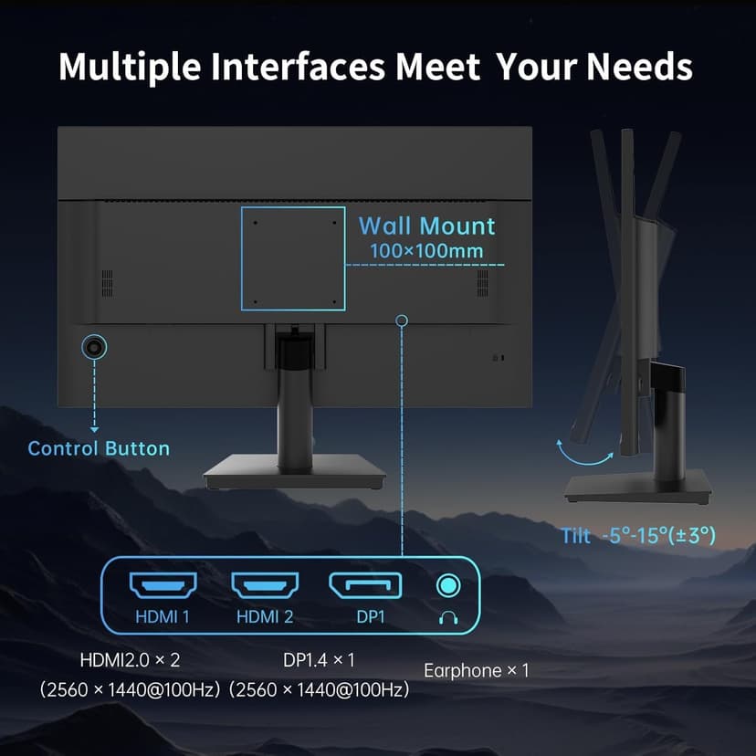27 Inch QHD(2560 * 1440) 100Hz Computer Monitor - IPS Panel, Anti-Blue Light Screen, 100% High Color Gamut, 123% sRGB, Support FreeSync and GSync, PC Monitor for Casual Gaming and Working