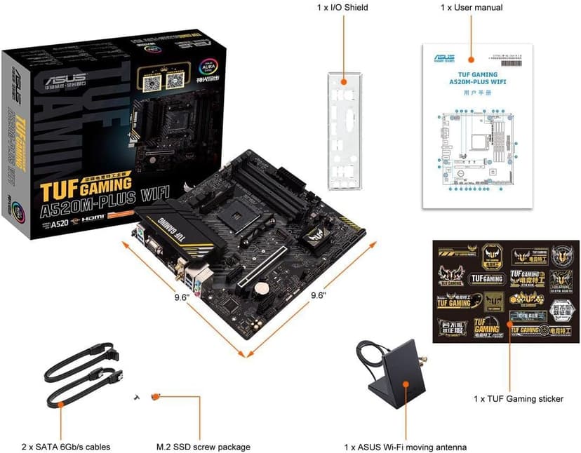 ASUS TUF Gaming A520M-PLUS (WiFi) AMD AM4 (3rd Gen Ryzen™) microATX Motherboard (M.2 Support, 802.11ac Wi-Fi, DisplayPort, HDMI, D-Sub, USB 3.2 Gen 1 Type-A and Aura Addressable Gen 2 headers)