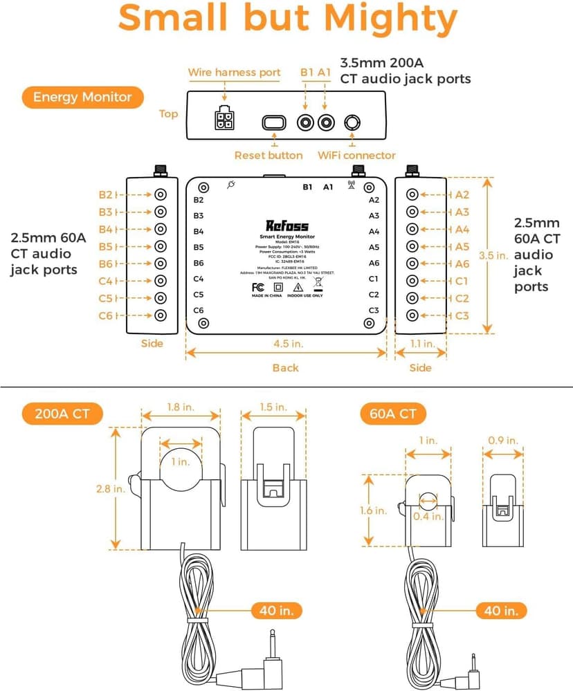 Smart Home Energy Monitor Supports Home Assistant, Real-Time Accurate Energy Consumption Tracking, Electricity Usage Monitor with 16x60A Circuit Sensors, 36-Month History, Solar Metering, 2.4G