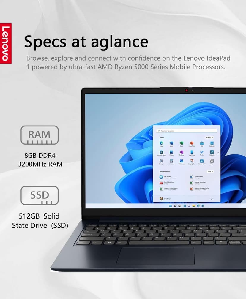 Lenovo Ideapad 1 Laptop, 15.6" FHD (1920x1080) IPS 300nits Anti-Glare Display, Touch, Ryzen 5 7520U, 8GB RAM, 512GB Storage, AMD Radeon Graphics, HDMI, Windows 11, HDMI, Abyss Blue