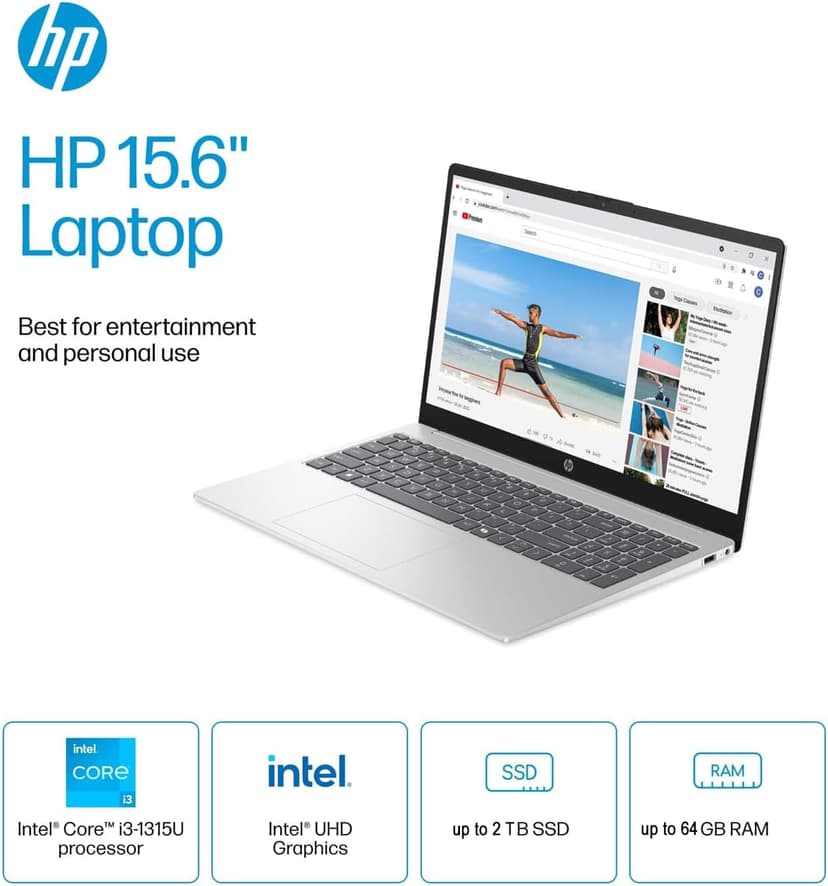 HP 2025 15.6" Touchscreen Laptop - w/Office Lifetime & Win 11 Pro&External DVD Drive, Intel i3 1315U(Up to 4.5GHz), Wi-Fi 6, Copilot AI, HD Touch Display, Long Battery Life, 64GB RAM, 2TB SSD