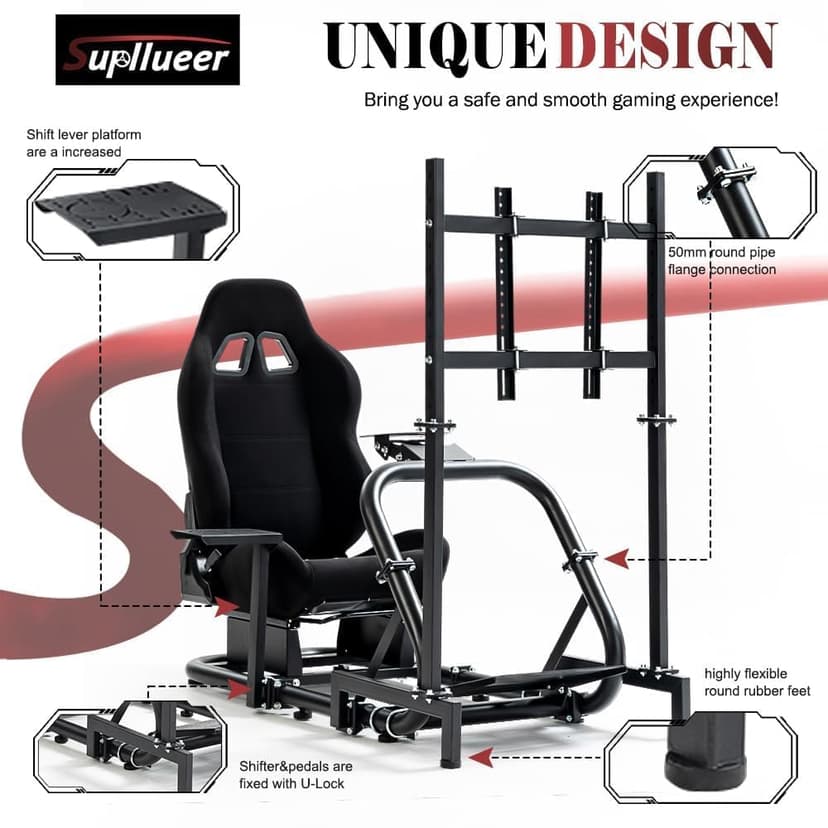 Supllueer Racing Sim Cockpit with Ergonomic Seat&Monitor Stand Fit for Logitech/Fanatec/Thrustmaster G27 G923 G920,50mm Large Round Tube Driving Simulator Stand, No Steering Wheel/Shift/Pedal/TV