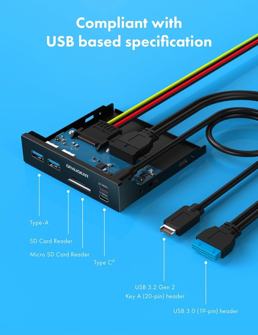 GRAUGEAR 3.5 Inch Front Panel USB C Hub, SD/microSD Internal Card Reader, 20Gbps USB 3.2 Gen 2x2, USB3.2 Type-E Key-A 20-Pin Header & USB3.0 Header & 15-Pin SATA Power Connector Required [G-MP01CR]