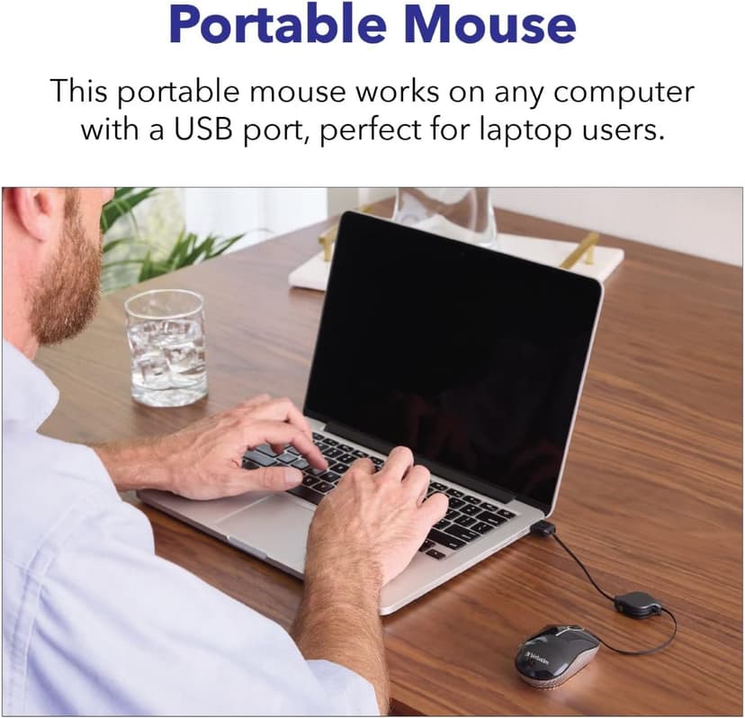 Verbatim Wired Optical Computer Mini USB-A Mouse - Plug & Play Corded Small Travel Mouse with Retractable Cable – Black 98113