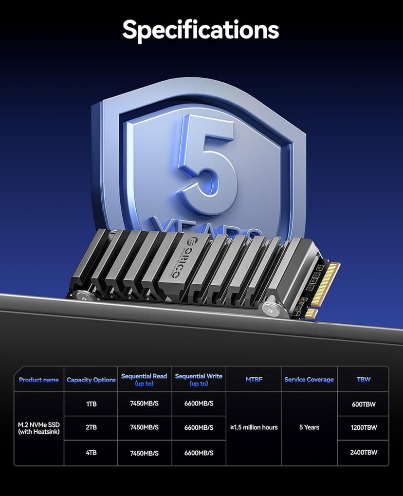 ORICO OS5 1TB M.2 SSD for PS5 Storage Expansion, M.2 PCIe 4.0 NVMe Gaming SSD with TLC NAND, 7450MB/s Read, Pre-Installed Heatsink Designed for PS5 Airflow, Ready for Direct Installation