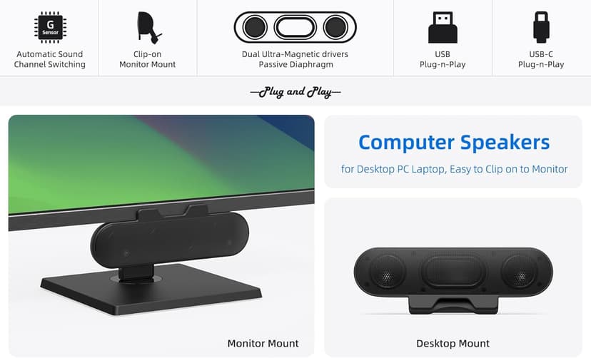 Computer Speakers for Desktop PC Monitor, External Speakers for Laptop, USB-Powered, Plug-n-Play, Wired, Clip-On, Small Computer Soundbar for PC, with Loud Sound, Rich Bass, G-Sensor, USB-C Adapter
