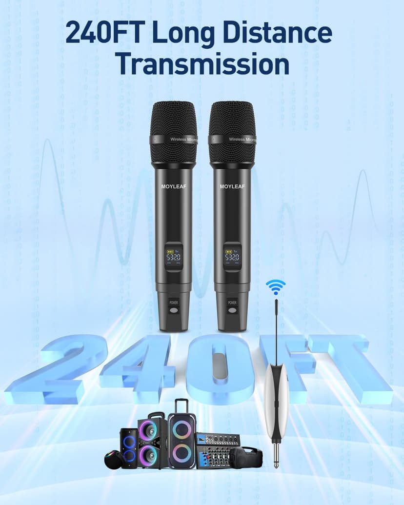 Wireless Microphones,Metal Microphone with Dual Professional UHF Cordless Dynamic System,Rechargeable Microphone Receiver for Karaoke Singing, Wedding,Party, DJ, Speech, Church, Class Use,240ft