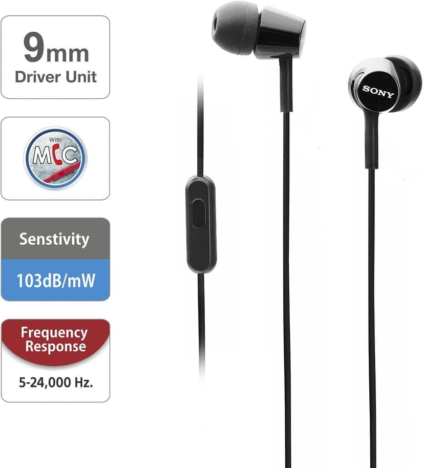 Sony MDREX155AP in-Ear Earbud Headphones/Headset with mic for Phone Call, Black (MDR-EX155AP/B)