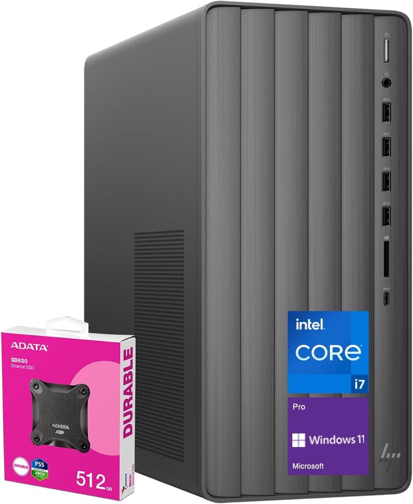 HP Envy Intel i7 Premium Tower Desktop, 32GB RAM, 1TB SSD, Wi-Fi 6, Windows 11 Pro, Black, with ADATA 512 External SSD Bundle