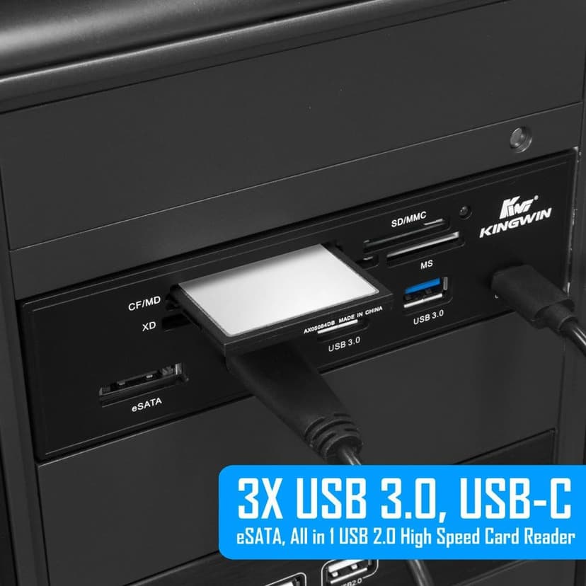 Kingwin Powered USB Hub 3.0 w/ 1 USB-C Port, SD Card Reader & Micro SD Card Reader - Sata Power Port w/Lightning Speed Data Transfer Up to 5Gbps - 5.25" Computer Case Front Bay, black (KW525-3U3CR)