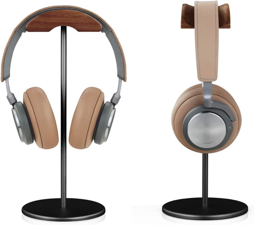 Headphone Stand, Walnut Wood & Aluminum Headset Stand, Nature Walnut Gaming Headset Holder with Solid Heavy Base for All Headphone Sizes (Black)