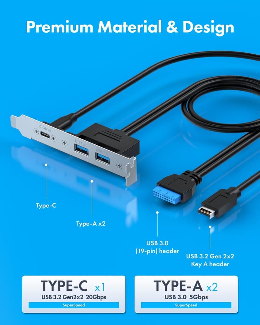 GRAUGEAR 20Gbps USB3.2 Gen2x2 USB-C Front Panel Adapter, Motherboard Header Extension Cable, USB-C and USB to USB3.2 Type-E Key-A 20-Pin and 19-Pin USB3.0 Connectors with PCIe Bracket[G-AD-ETC2A-20G]