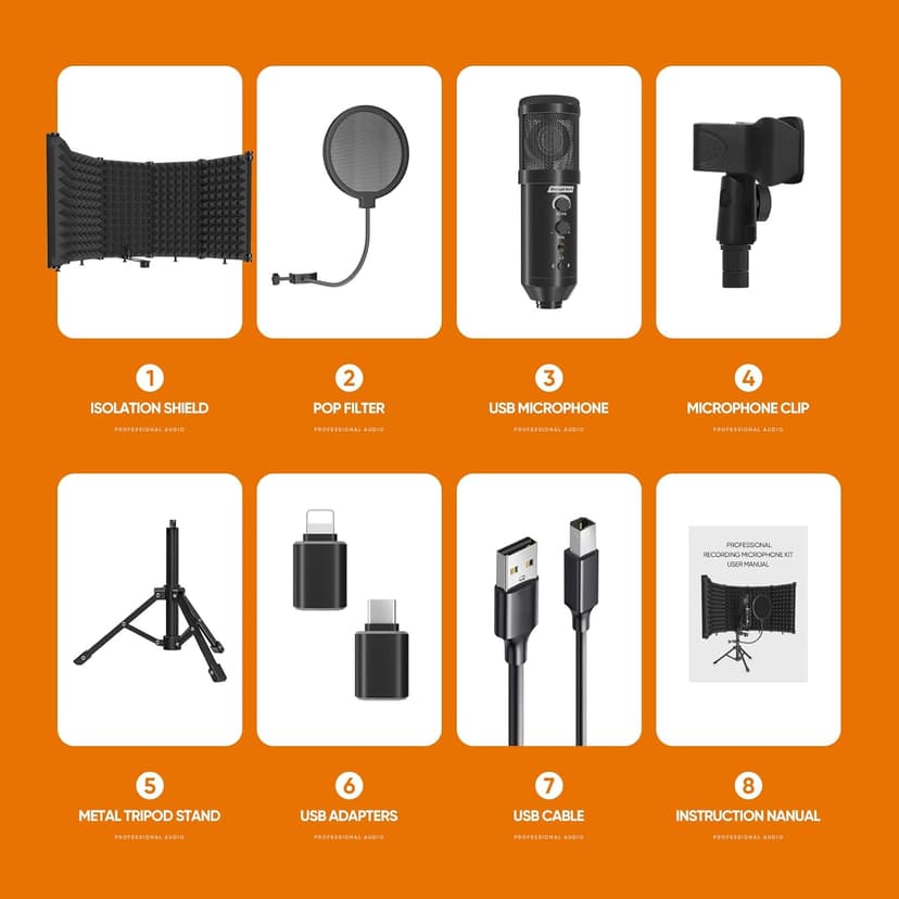 Studio Recording Microphone Isolation Shield with Pop Filter and Metal Tripod Stand, Studio Mic to PC Laptop Smartphone, Music Microphone for Recording Singing Podcasting