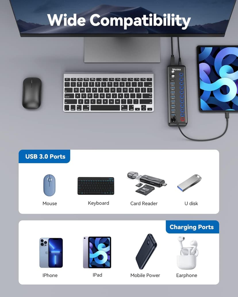 Powered USB Hub, Wenter 11-Port USB Splitter Hub (10 Faster Data Transfer Ports+ 1 Smart Charging Port) with Individual LED On/Off Switches, USB Hub 3.0 Powered with Power Adapter for Mac, PC