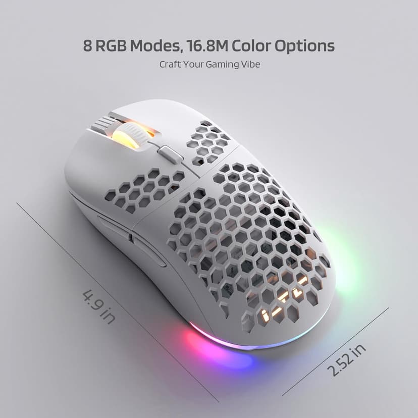 LTC WHM-001 Mosh Pit Wireless Gaming Mouse, 10,000 DPI 2.4Ghz/ Wired RGB Ambidextrous Mice w/Lightweight Honeycomb Shell, Ergonomic Shape for Right or Left Hand Use, for PC/Mac/Laptop, White