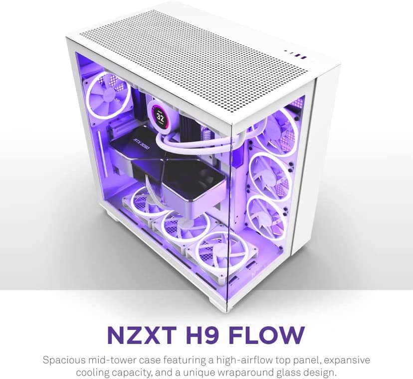 NZXT H9 Flow Dual-Chamber ATX Mid-Tower PC Gaming Case – High-Airflow Perforated Top Panel – Tempered Glass Front & Side Panels – 360mm Radiator Support – Cable Management – White